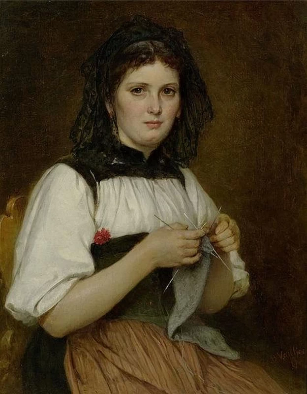Giovane donna bernese in costume tradizionale che lavora a maglia 1887